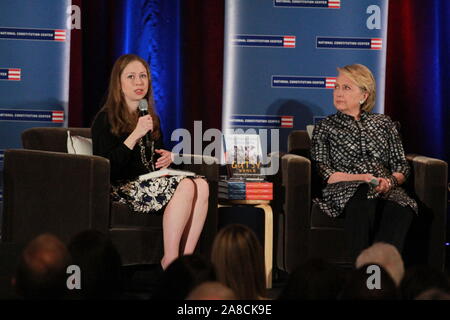 Authors Chelsea and Hillary Clinton promote their new book called 'Gutsy Women' at the National Constitution Center in Philadelphia, Pennsylvania Featuring: Chelsea Clinton, Hillary Clinton Where: Philadelphia, Pennsylvania, United States When: 07 Oct 2019 Credit: W.Wade/WENN Stock Photo