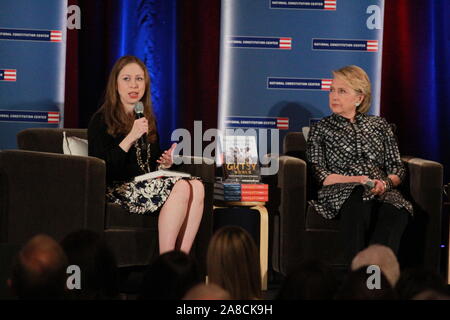 Authors Chelsea and Hillary Clinton promote their new book called 'Gutsy Women' at the National Constitution Center in Philadelphia, Pennsylvania Featuring: Chelsea Clinton, Hillary Clinton Where: Philadelphia, Pennsylvania, United States When: 07 Oct 2019 Credit: W.Wade/WENN Stock Photo