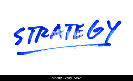 Business strategy note handwritten in blue ink on white paper background Stock Photo