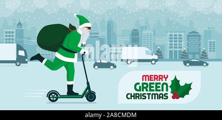 Eco friendly green Santa carrying gifts on a kick scooter in the city street on Christmas, sustanability and technology concept Stock Vector