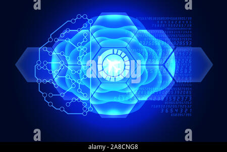 Airplane symbol is reflecting over 3D futuristic electronic circuit in a brain model. Business, finance, technology and money concepts over futuristic Stock Photo