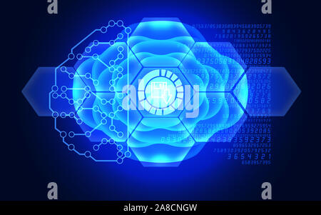 Download symbol is reflecting over 3D futuristic electronic circuit in a brain model. Business, finance, technology and money concepts over futuristic Stock Photo