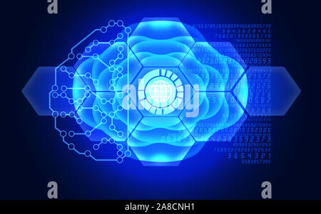 Wireframe Globe symbol is reflecting over 3D futuristic electronic circuit in a brain model. Business, finance, technology and money concepts over fut Stock Photo