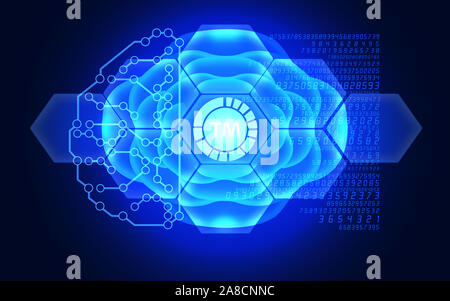 Trademark symbol is reflecting over 3D futuristic electronic circuit in a brain model. Business, finance, technology and money concepts over futuristi Stock Photo