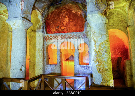 Inside Cave Church in Zelve Valley,  inside Cave church, Goreme- open air museum;, Cappadocia, Turkey. Stock Photo