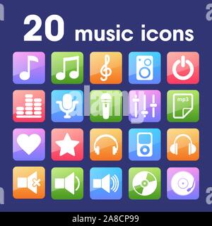 Modern flat icons vector illustration of multimedia symbols, sound instruments, audio and video items and objects Stock Vector
