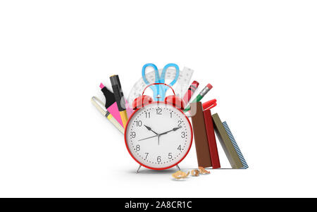 School stationaries on empty isolated white background. High resolution image for all your crop needs for your design. 3D Rendering. Stock Photo