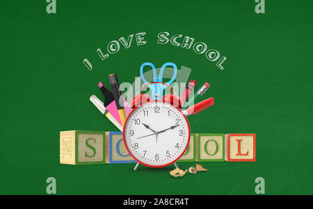 I Love School text doodle with school stationaries on a green blackboard. High resolution image for all your crop needs for your design. 3D Rendering. Stock Photo