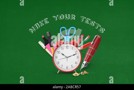 Make Your Tests text doodle with school stationaries on a green blackboard. High resolution image for all your crop needs for your design. 3D Renderin Stock Photo