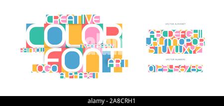 Colorful letters and numbers set. Colored vector latin alphabet. Rainbow color font. Creative applique ABC, negative space monogram, art logo and Stock Vector