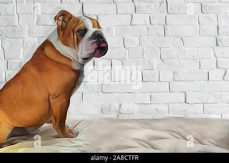 Pied red and white bulldog closeup portrait illustration in oil painted style. One dog seating on light brick wall textured background with copy space Stock Photo