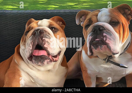 Couple of pied red and white bulldog closeup portrait illustration in oil painted style. Two dogs on dark textured background Stock Photo