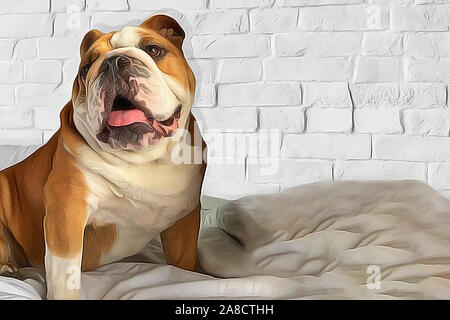 Pied red and white bulldog closeup portrait illustration in oil painted style. One dog seating on light brick wall textured background with copy space Stock Photo