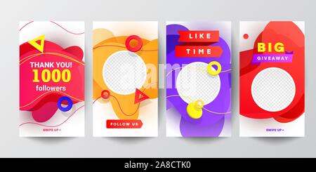 Modern social networks follow us banner set with liquid gradient shapes, with triangular speed round decor elements and editable photo isolated on bac Stock Vector