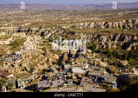 Bird's eye view of Cappadocia's magical landscape round Uchisar village, Anatolia, Turkey. Stock Photo