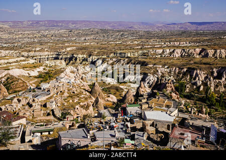 Bird's eye view of Cappadocia's magical landscape round Uchisar village, Anatolia, Turkey. Stock Photo