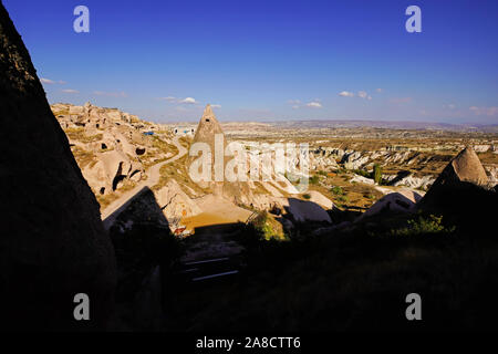 Bird's eye view of Cappadocia's magical landscape round Uchisar village, Anatolia, Turkey. Stock Photo