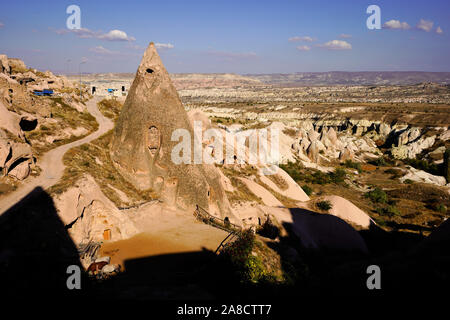 Bird's eye view of Cappadocia's magical landscape round Uchisar village, Anatolia, Turkey. Stock Photo