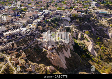 Bird's eye view of Cappadocia's magical landscape round Uchisar village, Anatolia, Turkey. Stock Photo