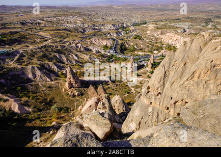 Bird's eye view of Cappadocia's magical landscape round Uchisar village, Anatolia, Turkey. Stock Photo