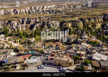 Bird's eye view of Cappadocia's magical landscape round Uchisar village, Anatolia, Turkey. Stock Photo