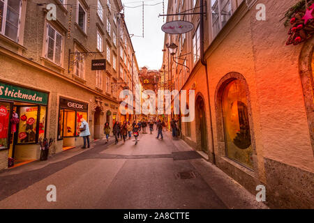 Salzburg, Austria - December 25, 2016: Historical center street view at Christmas time and people Stock Photo
