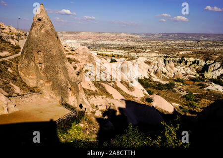 Bird's eye view of Cappadocia's magical landscape round Uchisar village, Anatolia, Turkey. Stock Photo