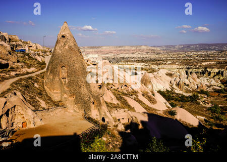 Bird's eye view of Cappadocia's magical landscape round Uchisar village, Anatolia, Turkey. Stock Photo