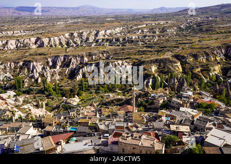 Bird's eye view of Cappadocia's magical landscape round Uchisar village, Anatolia, Turkey. Stock Photo