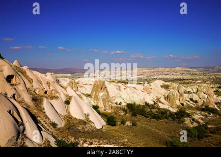 Bird's eye view of Cappadocia's magical landscape round Uchisar village, Anatolia, Turkey. Stock Photo