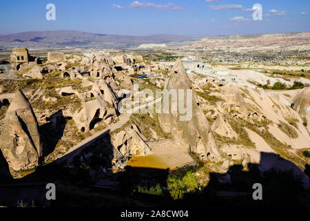 Bird's eye view of Cappadocia's magical landscape round Uchisar village, Anatolia, Turkey. Stock Photo