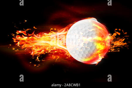 High quality render of 3D golf ball is burning in flames on black background. 3D Rendering. Stock Photo