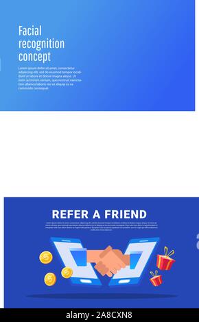Refer a friend vector illustration. Referral program and social media marketing for friends. Business partners shaking hands in flat lay smartphone. Stock Vector