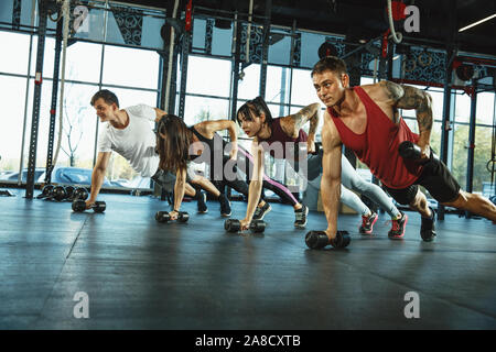 A group of muscular athletes doing workout at the gym. Gymnastics, training, fitness workout flexibility. Active and healthy lifestyle, youth, bodybuilding. Training in exercises with weights. Stock Photo