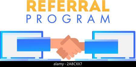 Referral program to attract new customers. Digital concept of modern smartphone with human hand, money coins and surprise gift box. Handshake of busin Stock Vector