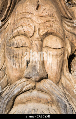 Matala, Heraklion, Crete, Greece. Ancient tree trunk carved into the shape of a human face by Cretan artist Spyros Stefanakis. Stock Photo