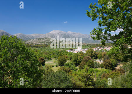 Mesa Lasithi, Lasithi, Crete, Greece. View over the Lasithi Plateau from wooded hillside. Stock Photo