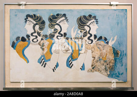 Heraklion, Crete, Greece. The Ladies in Blue fresco on display in the Heraklion Archaeological Museum. Stock Photo