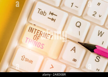Handwriting text Internet Of Things. Conceptual photo connection of Devices to the Net to Send Receive Data White pc keyboard with empty note paper ab Stock Photo