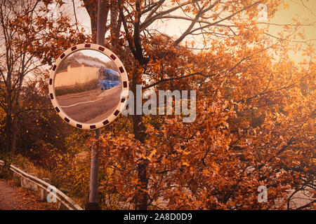 Blue Stockholm tram in circular convex blind spot mirror surrounded by colourful orange autumn leaves, Djurgarden, Stockholm, Sweden Stock Photo