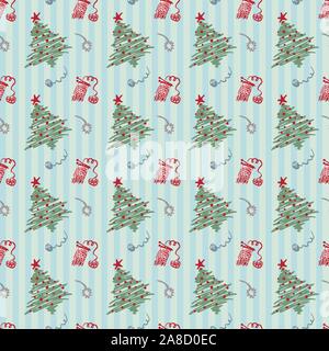Seamless pattern Modern sketch with trendy stylized christmas tree and ... for winter holiday decoration design. Vintage style, flat color Abstract Stock Vector