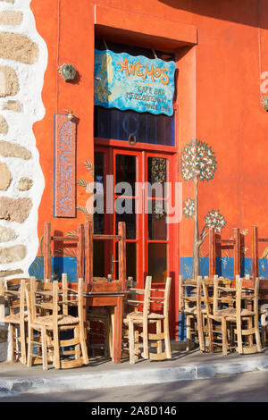 Palaiochora, Chania, Crete, Greece. Colourful café bar, early morning. Stock Photo
