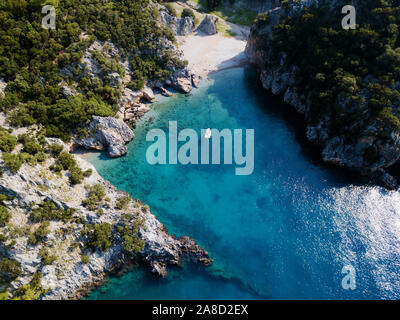 Aerial view of a secluded cove around Disibilmez Cape, Fethiye Turkey. Stock Photo