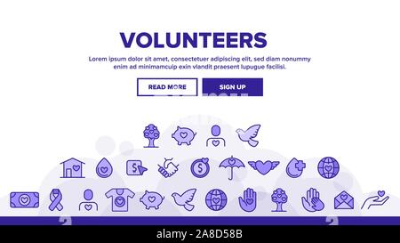 Volunteers, Charity Vector Thin Line Icons Set Stock Vector