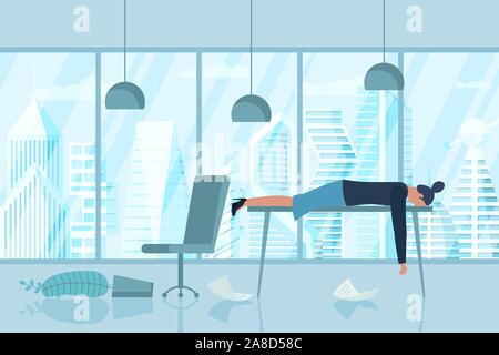 Professional burnout syndrome. Exhausted sick tired female manager in office sad boring lies with head down on table. Frustrated worker mental health problems. Vector long work stress day illustration Stock Vector