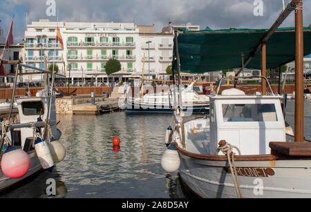 Cala Bona, Majorca ,Spain, October 13, 2019, View of Hotel Cala Bona from the busy little marina. Stock Photo