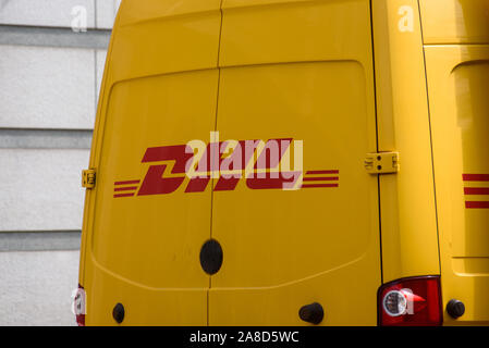 RIGA, LATVIA. 15th July 2019. DHL logo on van. DHL (Dalsey, Hillblom and Lynn) International GmbH is an international courier, parcel, and express mai Stock Photo