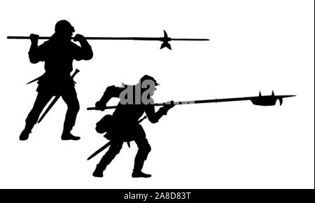 Medieval warriors with halberd. Landsknechts in attack. Historical illustration. Stock Photo