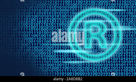 Data screen with ones and zeros including a digital logo standing on a futuristic technologic background. Smart phone, technology, internet and busine Stock Photo