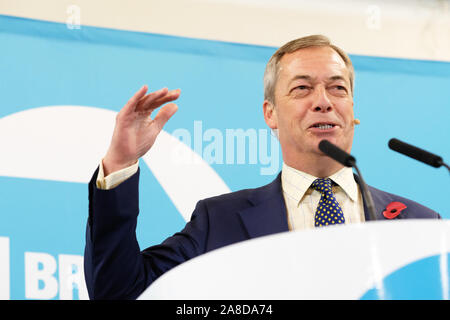 Little Mill, Pontypool, Monmouthshire, Wales - Friday 8th November 2019 - Brexit Party leader Nigel Farage addresses an audience in the south Wales town of Pontypool a strong Labour voting area. Photo Steven May / Alamy Live News Stock Photo